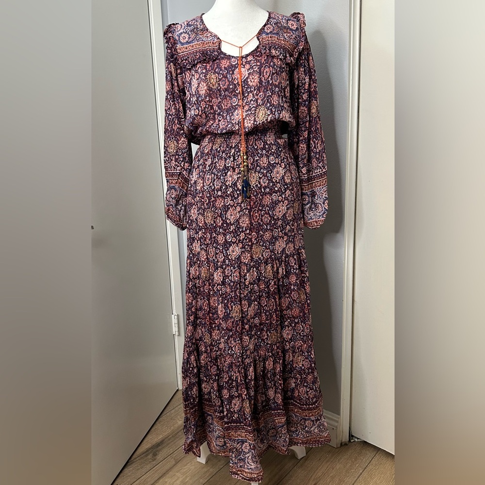 Alicia Bell Silk Cotton Hand Blocked Maxi Dress Small, plum, coral and blue